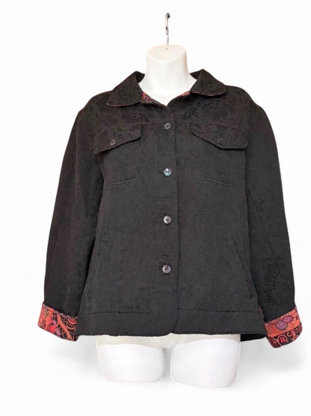 Chico's Black Paisley Jacket with Red Patterned Trim
